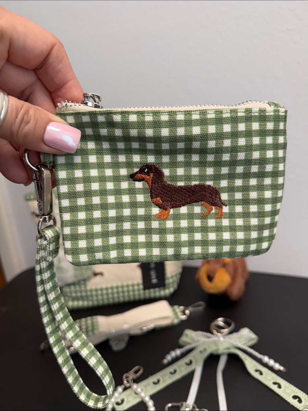 Madden Girl | Green Gingham Dachshund Canvas Tote | Wristlet, Bag Charms & More - Picture 11 of 15